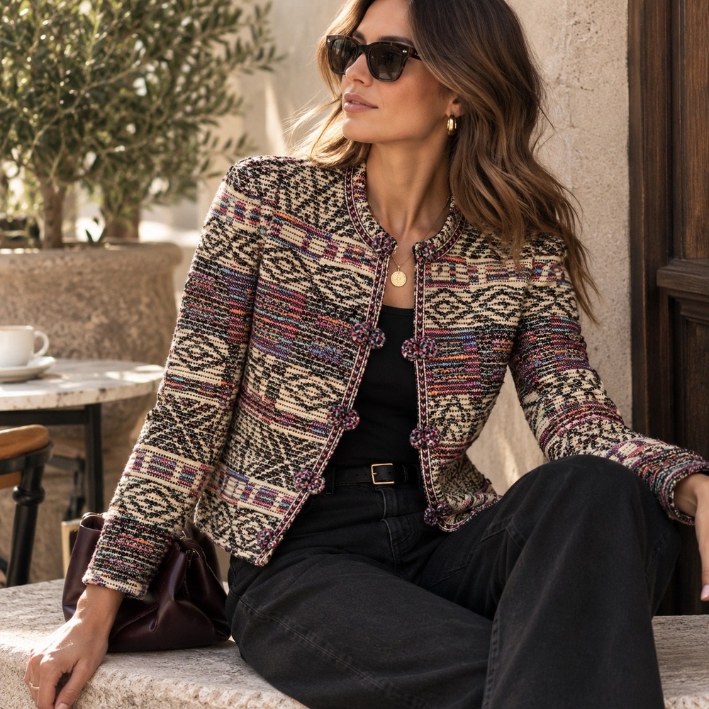 Zara Jacquard Jacket Blazer S Multicolor Woven Frog Closure Boho